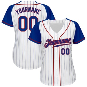 Camiseta de béisbol personalizada para mujer, blanca con rayas azules, cuello en V, manga corta, transpirable, ajustada, con estampado sublimado, nombre del equipo 00 - Product Image 1