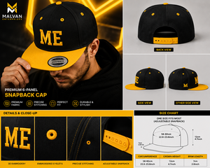 Gorra Snapback Personalizada de Alta Calidad, Negra, de 6 Paneles, de Lona de Algodón, con Cierre Ajustable en Amarillo Contrastante, Unisex, Deportiva, para Exteriores, 3D - Product Image 6