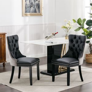 Sedia da pranzo contemporanea in legno massello con rivestimento in velluto PU e finiture con borchie - Product Image 6