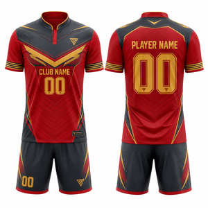 Conjunto de Camiseta de Fútbol Sublimada Personalizada, Ligera y Duradera, Roja, Negra y Dorada, Manga Corta, Cuello en V, para Hombre, de Poliéster que Absorbe la Humedad - Product Image 1