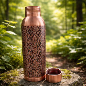 Bouteille d'eau en cuivre avec motif vintage, thermos portable avec couvercle, vaisselle de voyage pour l'extérieur - Product Image 1