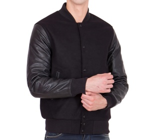 Black Leather Cowhide Sleeves Black Wool Body Baseball Varsity College Oem Embroidery Patches Jaket for <b>Men</b> - Product Image 1