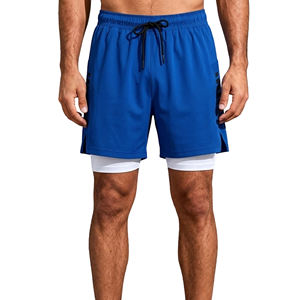Shorts de sport pour homme bleus à séchage rapide et respirants, taille mi-haute, avec cordon de serrage, bande latérale, couleur unie, logo frontal, longueur Bermuda - Product Image 1