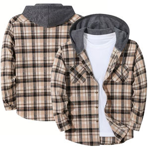 Veste en flanelle à capuche pour homme avec logo sur le devant, fermeture boutonnée, tissu doux en polyester/coton, vêtement décontracté élégant pour l'extérieur - Product Image 3