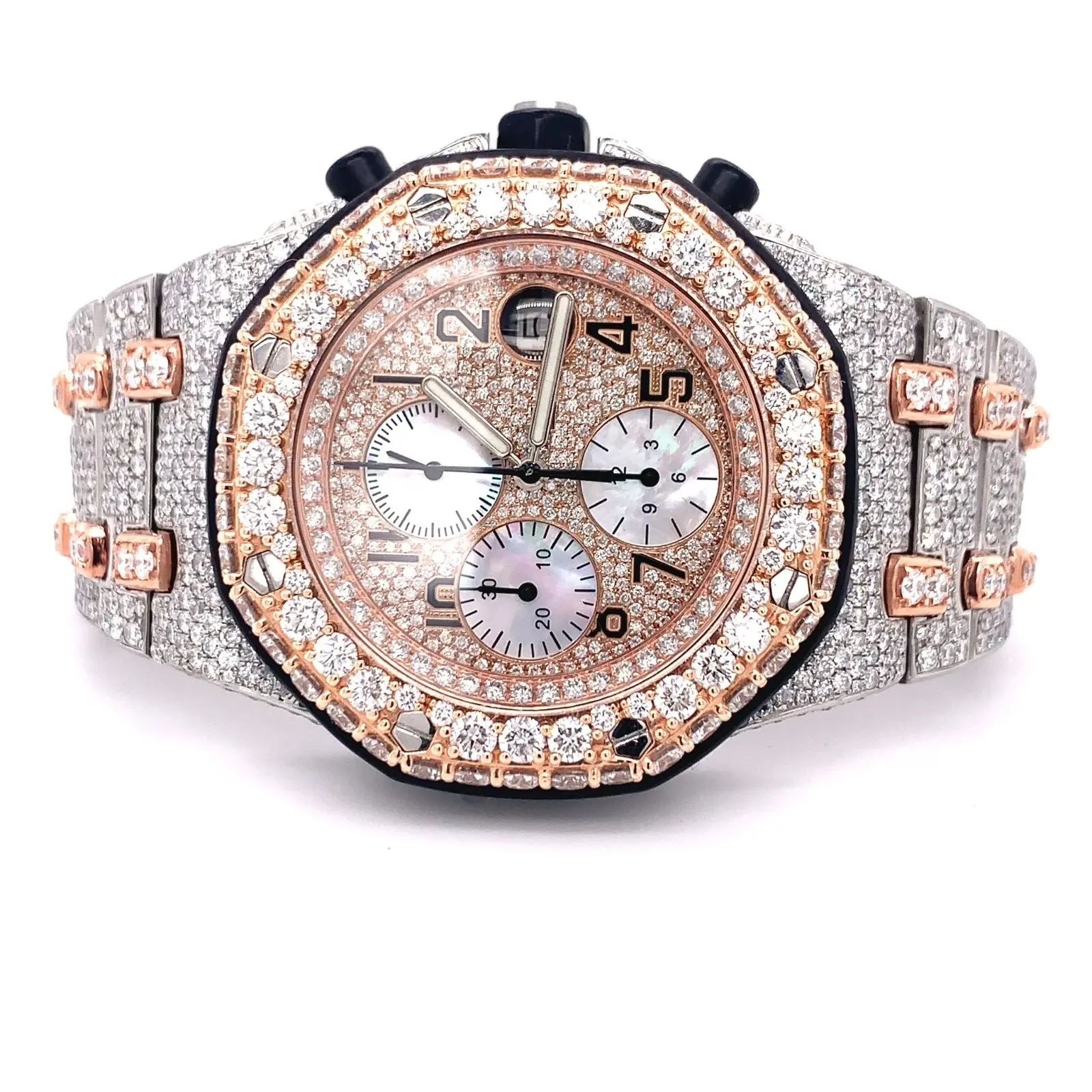 Meilleure vente VVS Lab Grown Moissanite Diamond Watch Pass Tester ETA Super Clone Mouvement automatique Or rose Montres-bracelets
