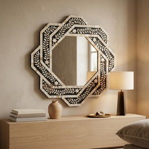 Handmade Wooden Decorative <b>Mirror</b> Irregular <b>Framed</b> Bohemian Style Wall <b>Mirror</b> With Black And <b>White</b> Inlay Design - Product Image 4
