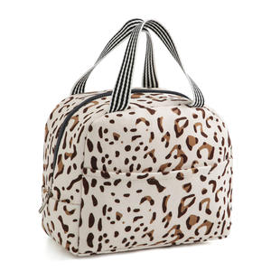 premium <b>leakproof</b> thermal food carrier durable plush leopard print <b>lunch</b> organizer with striped handles and front pocket - Product Image 3