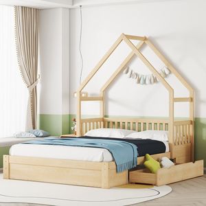 Letto a piattaforma matrimoniale in legno naturale con sponda di sicurezza e 2 cassetti per la cameretta dei bambini - Product Image 2