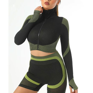 High Waist 2 Piece Yoga Set Seamless Eco-Friendly Black Green Contrast <b>Mesh</b> Crop <b>Top</b> Racerback Sleeveless Shorts Breathable - Product Image 4