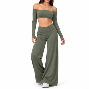 Women Solid Olive <b>Green</b> Shoulder <b>Long</b> <b>Sleeve</b> <b>Crop</b> <b>Top</b> Wide Leg Flare Pants Set Yoga Workout for Activewear Two Piece Outfit - Product Image 1