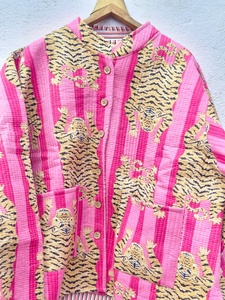Wholesale Manufacture Indian Handmade Quilted Cotton Bomber Jacket <b>Vintage</b> Kantha Reversible Hooded Animal Print Eco-Friendly - Product Image 5