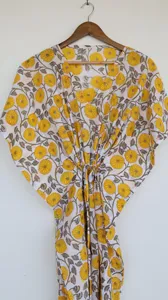 Women's Yellow Floral Hand Block Print V-Neck White <b>Kaftan</b> Long Dress Loose Fit Cotton Bohemian <b>Summer</b> Dress - Product Image 3