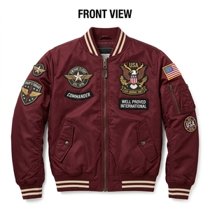 Chaqueta Varsity Personalizada de Satén Grueso de 320 g/m², Color Blanco Hueso, con Parches de Chenilla Bordados, Chaqueta Bomber Deportiva Azul Marino y Roja - Product Image 4