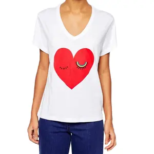 High Quality Regular Fit Cotton Polyester Blend Super Soft Jersey t Women t Shirt in <b>rainbow</b> Heart Print Deep v Neck Girls Tops - Product Image 1