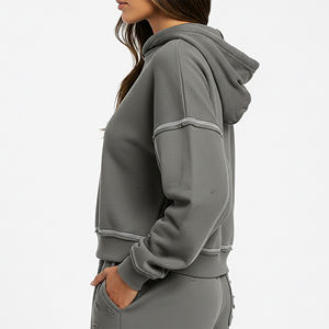 Sweat à capuche tricoté gris ample et surdimensionné, chaud en polaire pour l'hiver, streetwear décontracté de haute qualité, avec logo personnalisé, style Y2K, fermeture éclair, hip-hop - Product Image 2