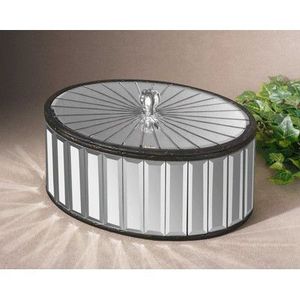 Silver <b>Mirror</b> Glass <b>Jewelry</b> Storage <b>Box</b> with Radial Pattern Crystal Knob Glossy Finish Soft Lining Decorative Keepsake Organizer - Product Image 1