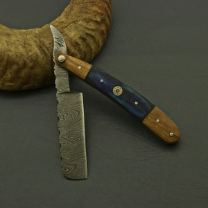 Navaja Plegable Recta de Acero de Damasco para Uso Diario (EDC) con Mango de Madera Azul y Pivote de Latón, para Afeitado de Barbero, Coleccionable, Venta al por Mayor de Fábrica B2B - Product Image 3