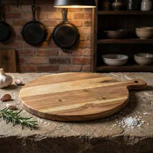 Planche à découper ronde en bois avec poignée, bloc de découpe de cuisine en bois naturel, planche à découper artisanale en bois d'acacia, ronde et rustique - Product Image 2