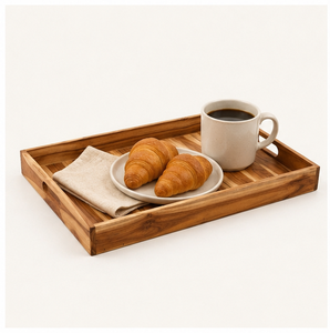Bandeja de servir de madera de acacia premium con asas, bandeja rectangular grande decorativa de madera para desayuno, centro de mesa para mesa de café - Product Image 2