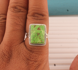 Wholesale Shree Jaipur <b>Silver</b> Women's Classic Engagement Rectangular Lime Green Turquoise 925 <b>Sterling</b> <b>Silver</b> Rope <b>Wire</b> Ring - Product Image 1