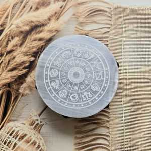 Natural Selenite Zodiac Wheel Plate 3 Inch Engraved 12 Zodiac <b>Signs</b> Irregular Crystal Charging Plate Home Decor Feng Shui - Product Image 5