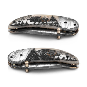 Cuchillo de Acero de Damasco Personalizado - Hoja Grabada con Láser - Mango de Hueso de Camello - Cuchillo de Caza y Camping de Grado Industrial 19cm OEM - Product Image 2