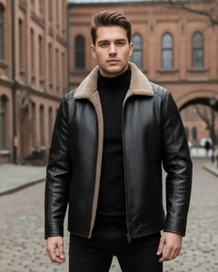 <b>Mens</b> <b>Faux</b> <b>Leather</b> Shearling <b>Jacket</b> Winter Aviator Bomber Warm Shearling Lining - Product Image 1