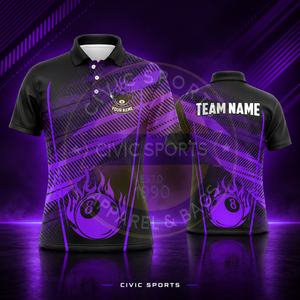 Camiseta Polo de Billar Personalizada para Hombre Civic Sports, Negra y Morada con el Número 8, Manga Corta, Nombre del Equipo, 100% Poliéster - Product Image 1
