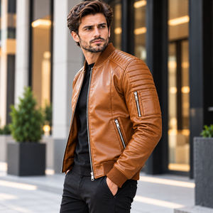 Chaqueta Bomber de Cuero Vacuno Marrón para Hombre con Cuello Alto, Mangas Acolchadas, Cierres Metálicos, Estilo Moto, Diseño Casual - Product Image 3