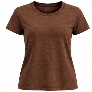 Camiseta de manga corta marrón para mujer, cuello redondo, informal, básica, lisa - Product Image 1