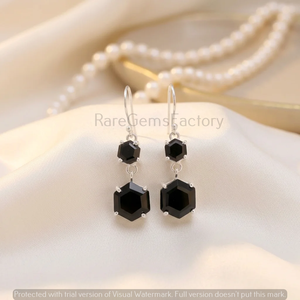 Elegant 925 Silver <b>Black</b> Onyx Hexagonal Drop <b>Earrings</b> Double Stone Geometric <b>Dangle</b> Jewelry for Women Gift - Product Image 4