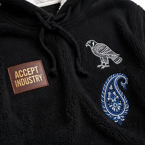 Sudadera con Capucha Negra para Hombre de la Marca ACCEPT INDUSTRY, con Diseño de Águila Bordada y Paisley, Bolsillo Frontal, Ropa Casual de Invierno - Product Image 5