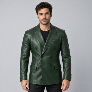 <b>Men's</b> Designer Forest Green <b>Leather</b> <b>Blazer</b> Double Breasted Peak Lapel Elegant Business Formal Suit Jacket Custom Made OEM - Product Image 4