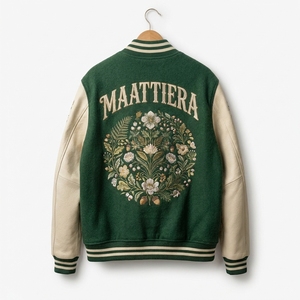 <b>Mens</b> Green <b>Cream</b> Leather Sleeve <b>Jacket</b> Floral Embroidery Custom Bomber Streetwear Snap Button Premium Outerwear Pro - Product Image 5