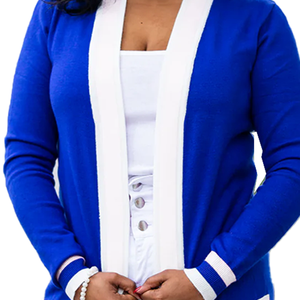Cardigan long ZPHIB bleu roi et blanc, style Duster, avec poches, ouverture sur le devant, en laine/cachemire épaisse, idéal pour l'hiver, pour la sororité Zeta Phi Beta - Product Image 6