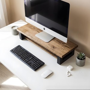 Plateforme de présentation de bureau en bois d'acacia avec base métallique moderne, support d'écran en bois de style industriel avec rehausseur à cadre métallique - Product Image 4