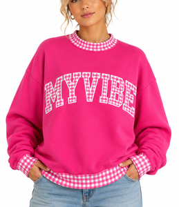 Sudadera de cuello simulado personalizada para mujer con ribete de lunares en contraste, aplique de letras, manga larga, holgada, informal, de fabricante - Product Image 1