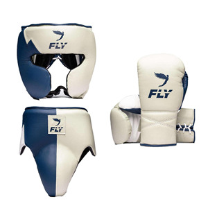 Ensemble de boxe Fly professionnel le plus vendu : Gants en cuir, protège-tête et protège-glandes, respirant, durable, crème, bleu, blanc - Product Image 1
