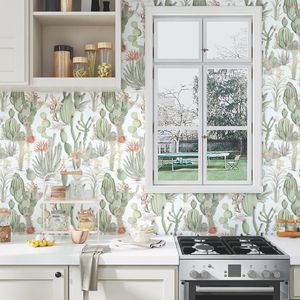 Papel Tapiz Autoadhesivo con Diseño Floral Verde del Oeste y Cactus, Estilo Vintage Desértico - Product Image 5