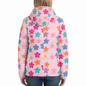 Women's Floral Printed Puffer Jacket with Waist <b>Belt</b> Hooded Quilted Winter Coat Warm Sublimation Padded Outdoor Casual Outerwear - Product Image 6