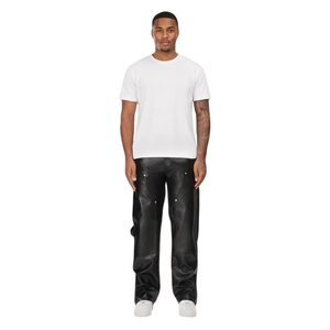 Pantalon de travail pour homme en cuir véritable noir, coupe droite, robuste, en cuir de vachette, avec poches latérales - Product Image 1