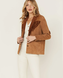 Tan <b>Suede</b> Leather Blazer Women Fringe Yoke Genuine <b>Suede</b> Western <b>Jacket</b> Notch Lapel Button Front Tailored Cowgirl Coat - Product Image 2