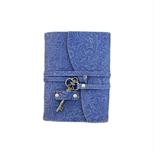 Journal artisanal en cuir bleu à motifs floraux, format A5, papier coton vintage à bords festonnés pour l'écriture, le dessin et les cadeaux - Product Image 4