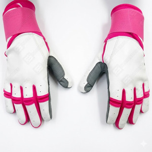 Premium Quality Heavy Duty Sports Training <b>Long</b> Cuff White Pink & Grey Color Combination Baseball Softball Batting Gloves - Product Image 4