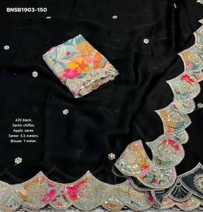<b>Top</b> Quality Satin Chiffon with Applique work Butti & Border & Scallop Border Saree-Digital Print Colorful Blouse <b>Indian</b> Supplier - Product Image 2
