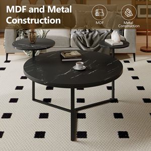 Table basse moderne en faux marbre noir avec base inspirée d'un trépied et plateau arrondi, dotée de deux étagères de présentation - Product Image 5