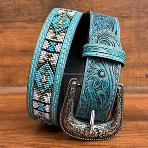 Cinturón de cuentas de cuero hecho a mano con hebilla de aleación personalizada de fabricante OEM cinturón de cuero genuino estilo occidental hecho a mano para hombres y mujeres - Product Image 2