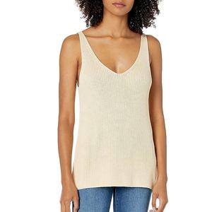 Camiseta sin mangas de punto liso color morado claro para mujer, cuello en V, largo regular, estilo casual, 100% algodón, tela transpirable - Product Image 5