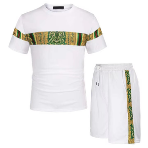 Men's Customizable White Casual T-Shirt <b>Set</b> with Solid Fleece Breathable Polyester/Cotton Summer <b>Knitted</b> Shorts and Top - Product Image 1