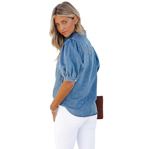 Women Ruffle Denim Shirt Casual <b>Button</b> Up Long Sleeve <b>Jean</b> Blouse Stylish Fashion Clothing Top For Everyday Modern - Product Image 5